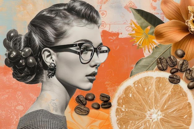 Collage eines Mädchens mit Brille, Blumen, Kaffee und Orangen Hallo Frühling