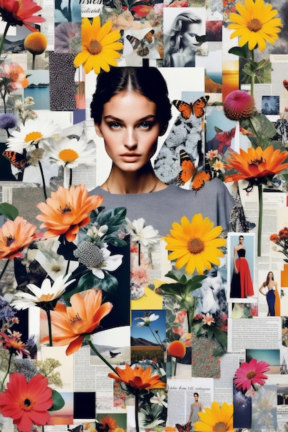 Collage eines Modelmodells mit lebendigen Blumen- und Schmetterlingsmotiven, die natürliche Schönheit vermischen