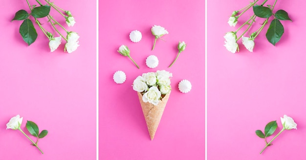 Collage Eistüte mit weißen Rosen und Baiser auf rosa Hintergrund Kopierbereich