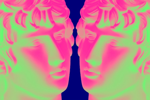Foto collage con escultura antigua de rostro humano en imagen de concepto creativo moderno de estilo pop art con