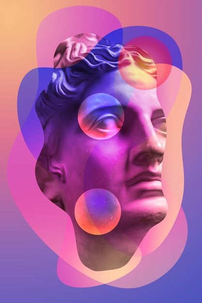 Collage con escultura antigua de yeso de rostro humano en estilo pop art. Imagen de concepto creativo con cabeza de estatua antigua en colores pastel. Cultura zine. Afiche de estilo de arte contemporáneo. Busto de Apolo.