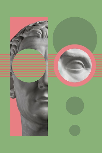 Collage con escultura antigua de yeso de rostro humano en estilo pop art. Imagen de concepto creativo moderno con cabeza de estatua antigua. Cultura zine. Cartel de arte contemporáneo. Minimalismo funky. Diseño retro.