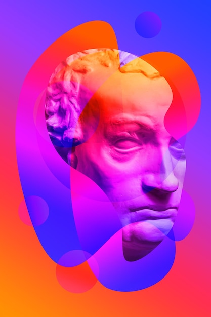 Collage con escultura antigua de yeso de rostro humano en estilo pop art. Imagen de concepto creativo moderno con cabeza de estatua antigua. Cultura zine. Cartel de arte contemporáneo. Minimalismo funky. Diseño retro.