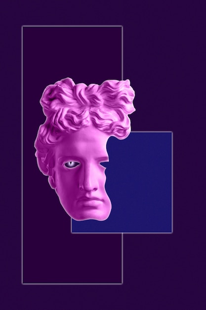 Collage con escultura antigua de yeso de rostro humano en estilo pop art. Imagen de concepto creativo moderno con cabeza de estatua antigua. Cultura zine. Cartel de arte contemporáneo. Minimalismo funky. Diseño retro.