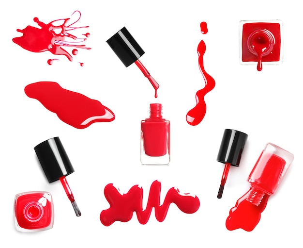 Foto collage de esmalte de uñas rojo sobre fondo blanco vista superior