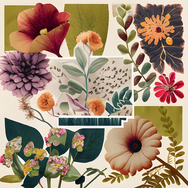 Un Collage De Flores Y Hojas Con Un Estilo Vintage 8