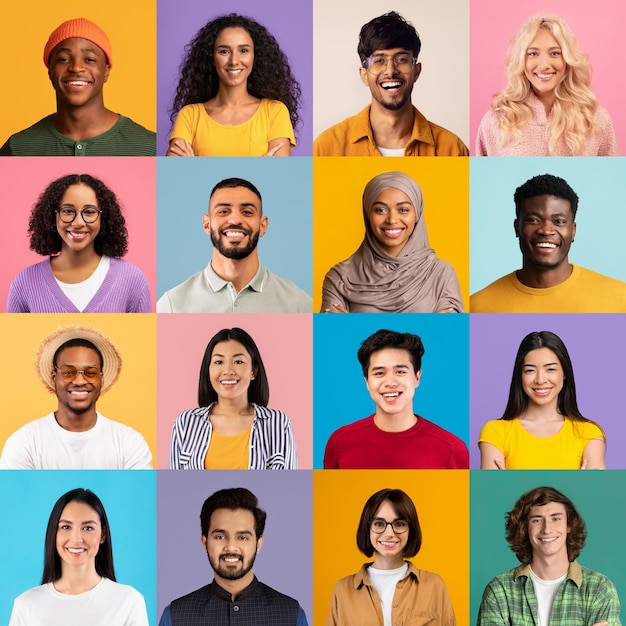 Collage en forma de cuadrado de diversas etnias jóvenes grupos de disparos en la cabeza