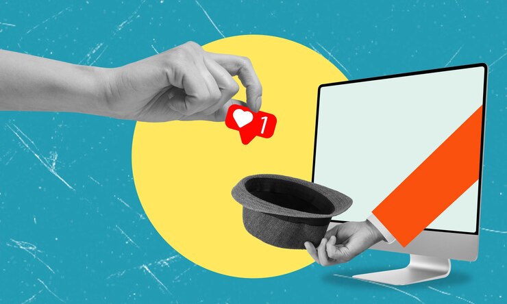Foto collage-foto-kreativ-absurd-blogger hält den hut in der hand, sammelt likes und benachrichtigungen