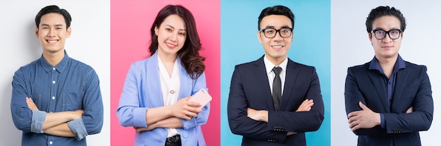Collage de fotos de alegres empresarios asiáticos