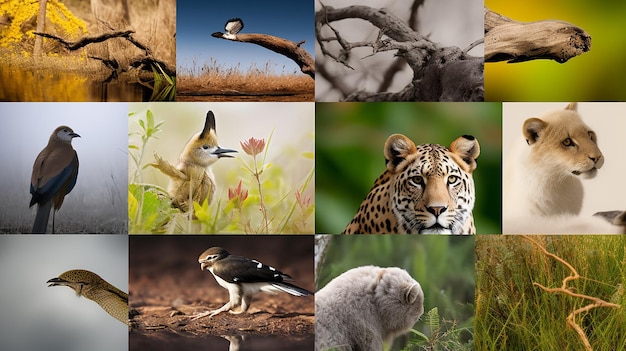 Foto un collage de fotos en blanco que muestra la diversidad de la fotografía de la vida silvestre