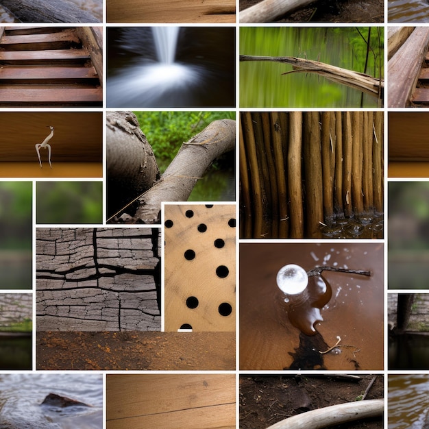 Un collage de fotos con una cascada y una valla de madera.