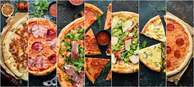 Collage de fotos de deliciosa pizza Juego de pizza con queso salami tocino y verduras Banner de comida