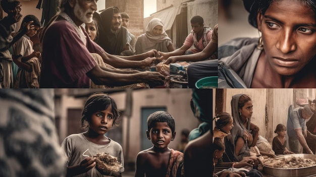 Un collage de fotos de una familia pobre en India.