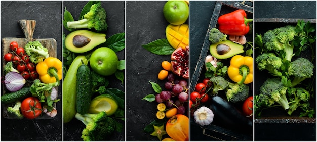 Collage de fotos de frutas y verduras frescas sobre fondo negro Banner de alimentos