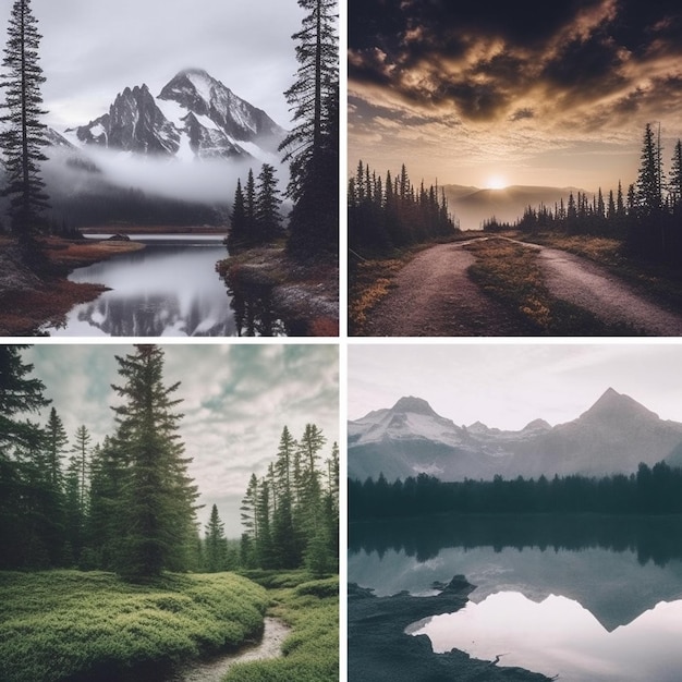 Un collage de fotos de montañas y un lago