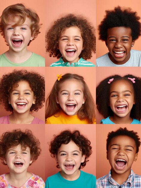 Foto un collage de fotos de niños con diferentes expresiones y las palabras feliz