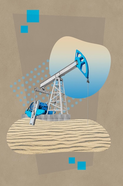 Collage funky con plantilla de arte de plataforma de petróleo industrial diseño de concepto de cartel o cubierta de zine para la bomba