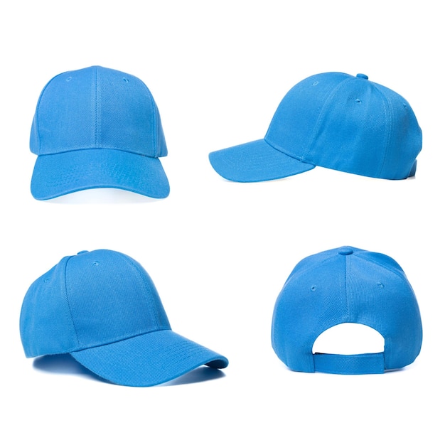 Collage con una gorra de béisbol azul aislado sobre fondo blanco.