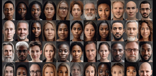 Foto collage de un gran grupo de personas sonrientes imagen de retrato compuesto reunidos acercándose unos a otros conexión 4g 5g contactando a la sociedad multirracial ia generativa