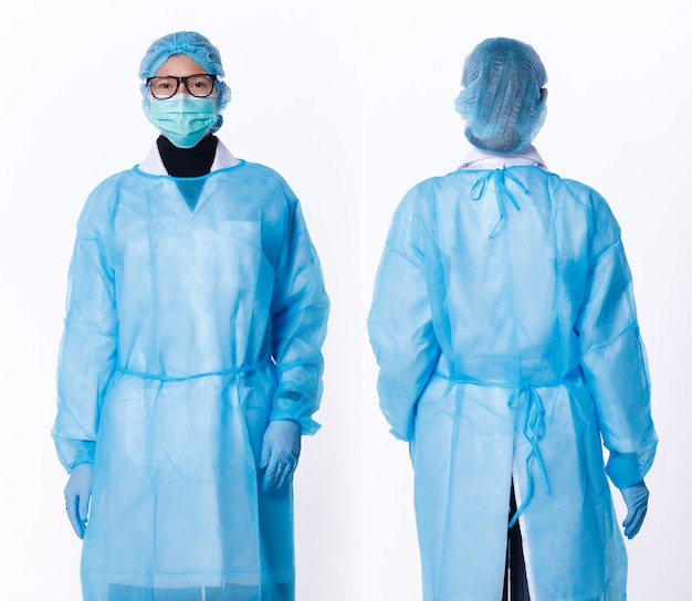 Foto collage group figura de medio cuerpo de la doctora asiática de los años 40 y 50 en traje azul ppe, casco, guante. soportes científicos y vista trasera delantera y trasera sobre fondo blanco aislado