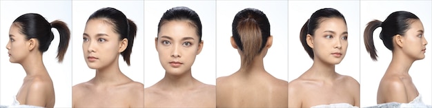 Collage Group of Pack Asian Woman nach dem Auftragen von Make-up-Frisur. keine Retusche, frisches Gesicht mit schöner und glatter Haut. Studiobeleuchtung weißer Hintergrund, viele Gesichter drehen sich um