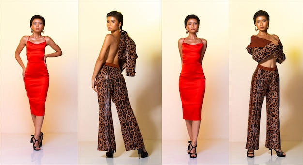 Collage Group Pack de longitud completa de moda Joven piel bronceada delgada Mujer asiática ropa de pelo corto Vestido rojo y pantalones de chaqueta de patrón de piel de tigre leopardo, soporte poses sexy tacones altos. Estudio fondo amarillo