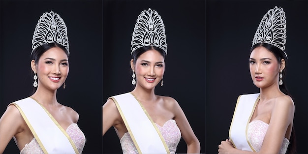 Collage Group Pack Portrait of Miss Pageant Contest im asiatischen Abendballkleid mit leerer Schärpe mit Diamantkrone, Mode-Make-up-Gesichtsaugen lieben Herzfrisur, schwarzer dunkler Hintergrundkopierraum