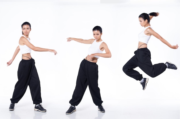 Collage-Gruppe in voller Länge Figur Schnappschuss von 20er asiatischen indischen arabischen Frau schwarze Haare große Hosen und Sneaker Schuhe weiblich steht Tanzsprung als moderner Zeitgenosse über weißem Hintergrund isoliert