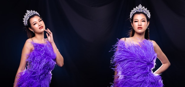 Collage-Gruppe Portrait von Miss Pageant Beauty Contest in Purple Feather Evening Ballkleid mit Diamond Crown, asiatische Frau fühlt ein glückliches Lächeln und posiert in vielen verschiedenen Stilen über dunklem Hintergrundrauch