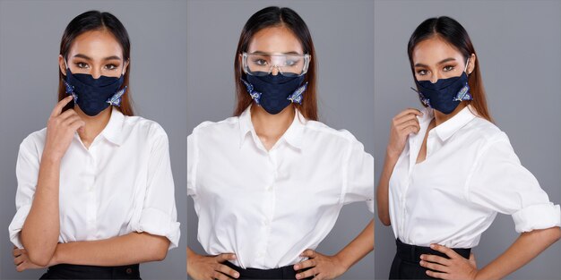 Collage-Gruppen-halber Körper-Porträt des schwarzen Haares der asiatischen Frau 20s weißes Hemd. Office Girl trägt eine schützende Gesichtsmaske und wirft viele Blickwinkel auf weißem Hintergrund isoliert auf