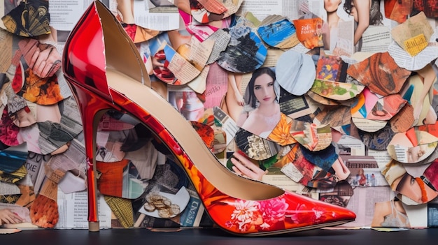 Collage hecho de revistas y zapatos rojos de tacones altos de papel de colores