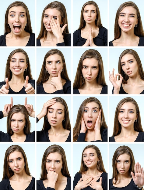 Collage de hermosa chica con diferentes expresiones faciales aisladas