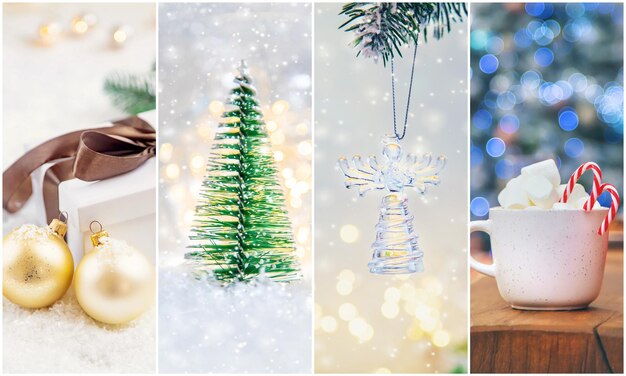 Collage con hermosas fotos navideñas. Enfoque selectivo. Año nuevo.