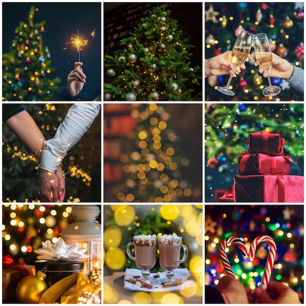 Collage con hermosas fotos navideñas. Enfoque selectivo.