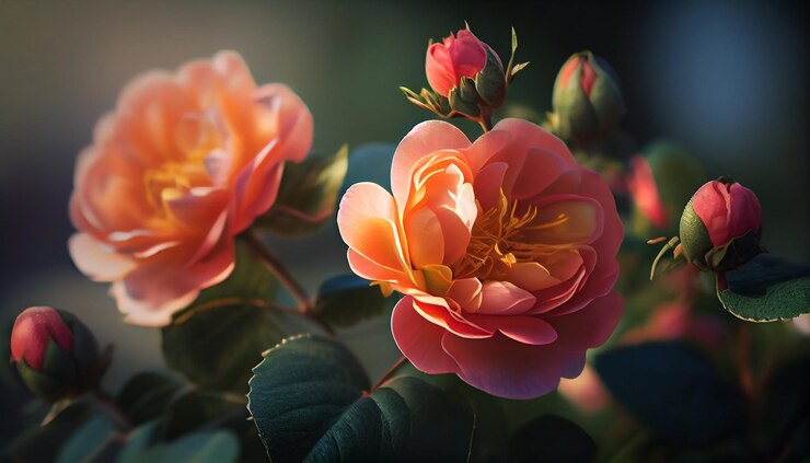 Collage de hermosas rosas en diferentes tonos de rosa y azul sobre un fondo oscuro generativo ai