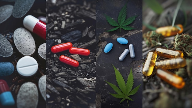 Foto el collage de heroína, los opiáceos, la marihuana, el cannabis, las pastillas, el lsd, la cocaína, las drogas y la adicción a las drogas.