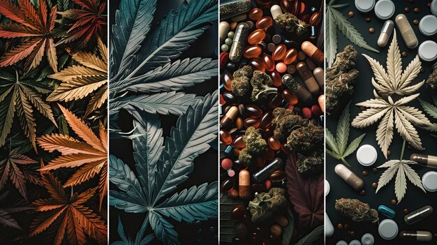 El collage de heroína, los opiáceos, la marihuana, el cannabis, las pastillas, el LSD, la cocaína, las drogas y la adicción a las drogas.