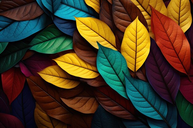 Collage de hojas superpuestas en diferentes colores que representan la diversidad y la interconexión de la naturaleza