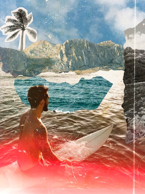 Collage de hombre de vista lateral en la playa