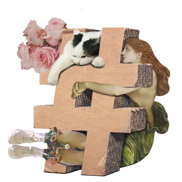 Collage-Illustration eines Hashtags und von Symbolen beliebter Themen von Interesse