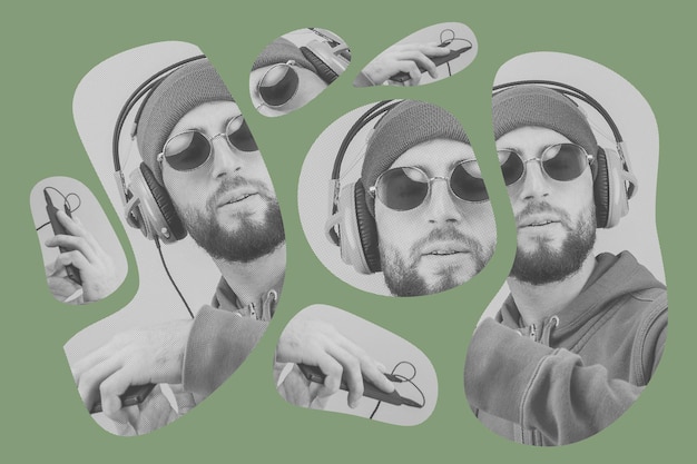 Collage im Pop-Art-Stil. Funky bärtiger Hipster-DJ mit Kopfhörer und Sonnenbrille. Hören von Streaming-Musik in der Smartphone-Player-App. Zeitgenössisches Kunstplakat. Rave-Musik-Nachtclub-Party. Minimales Konzept.
