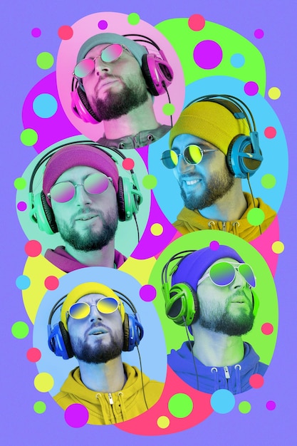 Collage im Pop-Art-Stil. Funky bärtiger Hipster-DJ mit Kopfhörer und Sonnenbrille. Hören von Streaming-Musik in der Smartphone-Player-App. Zeitgenössisches Kunstplakat. Rave-Musik-Nachtclub-Party. Minimales Konzept.