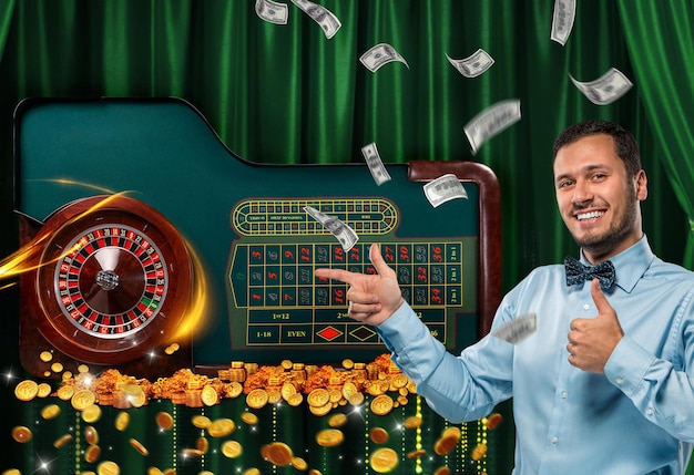 Collage de imágenes de casino con mesa de ruleta y hombre sonriente mostrando los pulgares para arriba