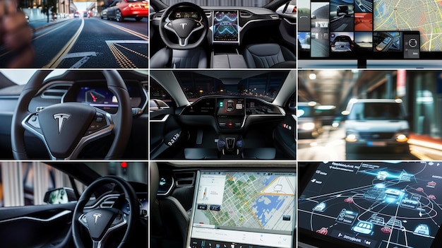 un collage de imágenes de un coche y un coche con una pantalla que muestra un coche con la palabra BMW en el lado