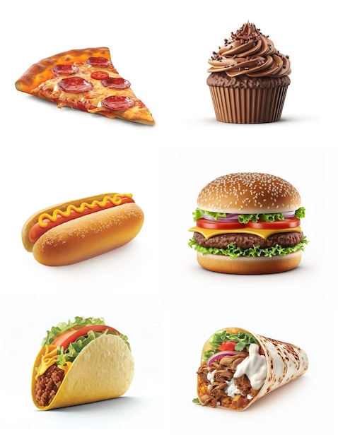 Un collage de imágenes de comida que incluye un hot dog, una pizza y un hot dog.