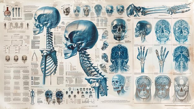 Foto un collage de imágenes detalladas de rayos x con tonos azules que muestran varios ángulos y secciones del esqueleto humano