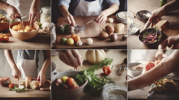 Un collage de imágenes de una mujer cocinando comida.