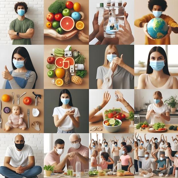 Foto un collage de imágenes con personas comiendo comida y una tiene una máscara facial en él