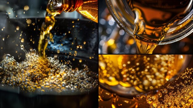 Foto un collage de imágenes que muestran las diferentes fuentes de aceite de cocina residual, como el aceite de freidora usado