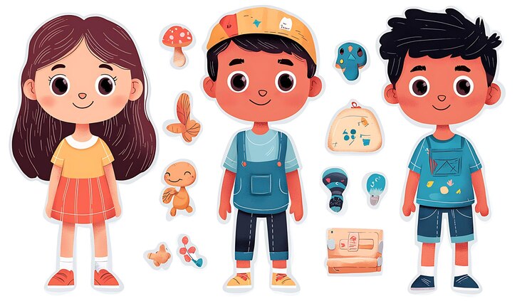 Foto un collage de juguetes infantiles que incluye un personaje de dibujos animados y un niño